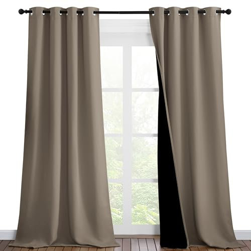 NICETOWN 100% Blackout Blinds, Set of 2, 46 inches x 96 inches, Laundry Room Decor Window Treatment Curtains for Large Patio Sliding Door, Thermal Insulated Taupe Curtains for Bedroom