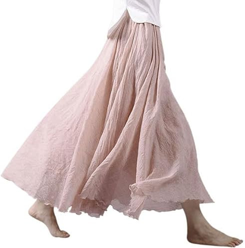 Jupe longue plissée en lin pour femme - En coton et lin - Style bohème - Couleur unie - Pour les loisirs, Rose 2, taille unique