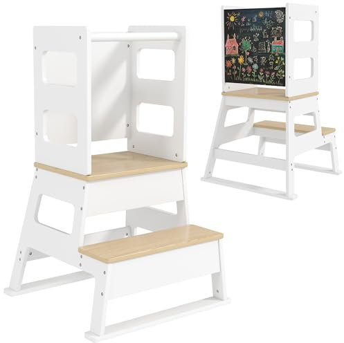 AIYAPLAY Torre de Aprendizaje 2 en 1 Taburete de Aprendizaje para Niños de +3 Años con Pizarra y Barrera de Seguridad para Baño Cocina 55x52,5x87,5 cm Blanco