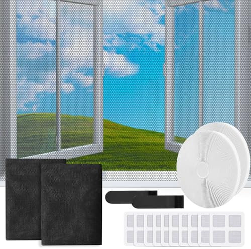 2 Pezzi Zanzariera per Finestra, 130x150cm Zanzariera Finestra, Fai da Te Autoadesivo Regolabile Tagliabile Zanzariere per Finestre, con 2 Nastri Autoadesivi e 10 Toppe di Riparazione(Nero)