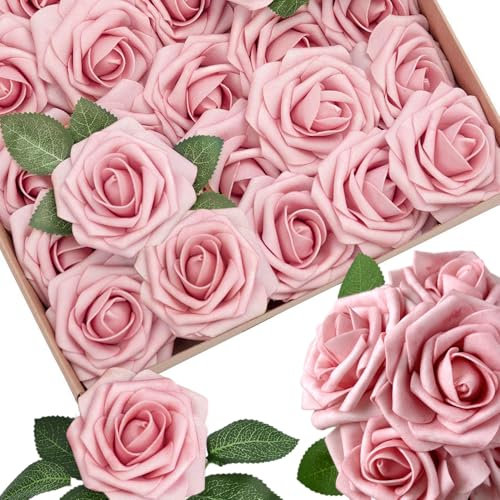 Lot de 25 roses artificielles rose pâle en mousse avec tiges - 8 feuilles - Aspect réaliste - Pour bouquets de mariage, centres de table, arrangements de table, décorations de table de fête, bricolage