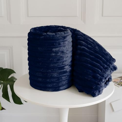 oceanevo Ribbed Cord Chunky Throw Fluffy Fleece Faux Fur Velvet Toch Plush Cozy Soft Blanket For Sofa Bed Settee Couch Chair (Navy, King- 200 X 240cm)