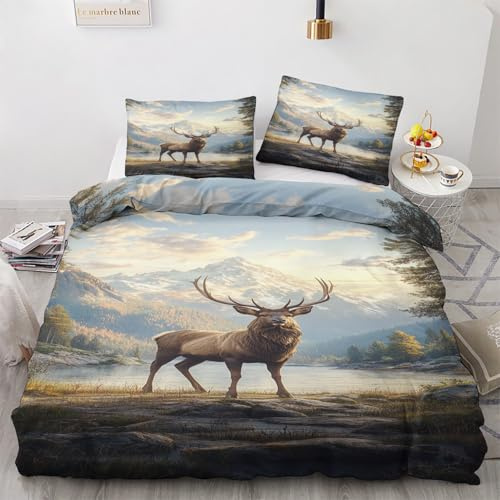 Generisch Hirsch Deko - Hirsch Bettwäsche 135x200 Winter, Wilde Life Elch Bettbezug 135 x 200 2er Set mit 1 Kissenbezug 80x80, Weiche Mikrofaser Winterbettwäsche mit Reißverschluss Z*&266