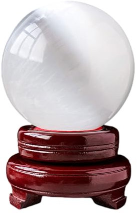 HHCTEBEC Natürlicher Kristall, Marokkanischer Gipsstein, Kristallkugel, Feng Shui-Kugel, Energiesteinkugel mit Holzständer, Heilkristallkugel für Meditation, Heimdekoration,110~120mm
