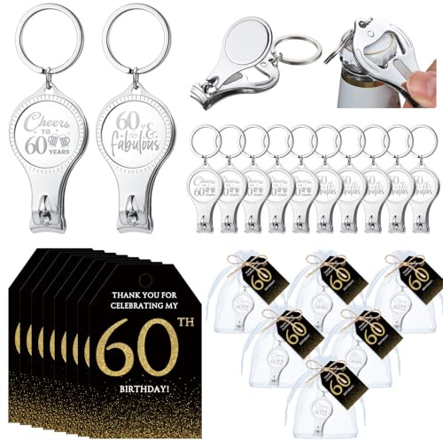 Zeyune 30 Sets 60th Birthday Party Favors for Guests Beer Bottle Opener Nail Clippers Keychains Bulk Thank You Cards with Organza Gift Bags for Birthday Anniversary Souvenirs Return Gifts