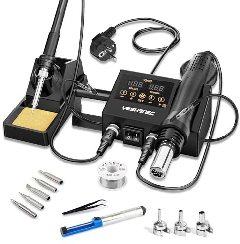 YEEHONEC 600W 2 in 1 Lötstation, Lötkolben + Heißluftpistole, LED-Anzeige, einstellbare Temperatur 100-500°C, °C/°F-Umrechnung, Temperaturkalibrierung und Sleep-Funktion