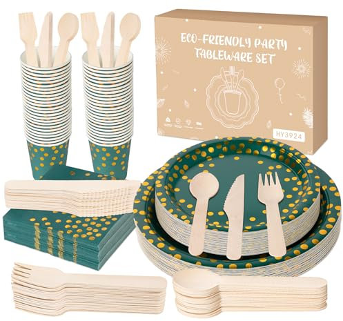 Anstore 200 piatti di carta verde con pois dorati, riutilizzabili per feste, set con forchette, coltelli, cucchiai, tovaglioli, piatti, bicchieri, 25 ospiti, piatti per feste, compleanni, matrimoni