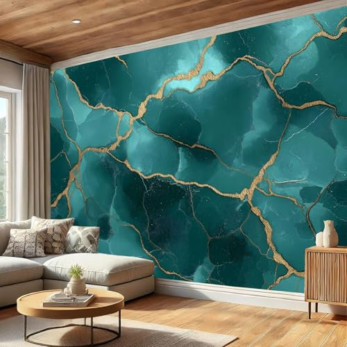 Wall Mural Teal Photo Wallpaper Mural 350x256cm (WxH), Gold Green Marble, Watercolor Art Photo Murals Decor for Living Room, Bedroom, Office and Kids Room, Easy to Install