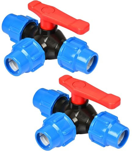 2 Stück 3-Wege PP-Fitting, BetterJonny PE-Fitting Kugelhahn 3 Fach 25mm Rohr Kugelhahn Kunststoff Klemmverbinder 3 Wege Rohrkugelhahn Klemm Ventil Kugelventil Absperrventil für PE Rohr 25mm