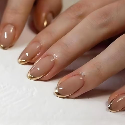 24 Pièces Amande Faux Ongles Moyen Rose Nude Press on Nails Français Acrylique Ongles à Coller avec Bordure Dorée Motif Couverture Complète Ongles Artificiels pour Femme et Fille DIY Manucure