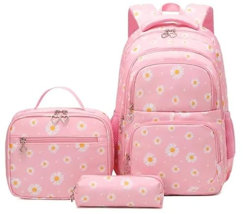Juego de 3 mochilas escolares para niñas, adolescentes, jóvenes, lonchera, estudiante, con estuche para lápices, Pink, L, Caricatura
