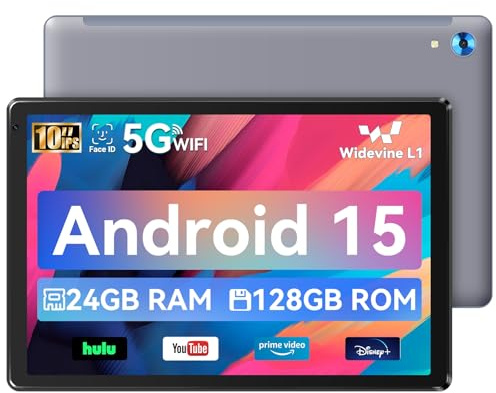 Hakaug Tablet 10 inch, Android 15 Tablet with Octa-Core, 24GB+128GB+1TB Expansion, Face ID, 5MP+8MP, Support Split-Screen, 1280x800 IPS, 5000mAh, 5G/2.4G WiFi 6, BT 5.3, Widevine L1 (Gray)