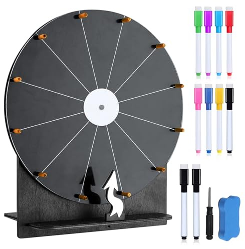 PORFOYO Großes Glücksrad Set, 30cm Glücksrad Zum Drehen Mit Ständer Und Markierstift, Glücksrads Zum Selbstgestalten, Hölzernes Glücksrads, Löschbares Glücksradspiel Für Party Schule Spiele (Schwarz)