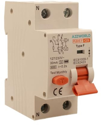 Interruttore Differenziale Magnetotermico Tipo F 25A C25, RCBO Tipo F Curva C 6kA 30mA, 1P+N 2 Moduli DIN, Per Pompe di Calore,Climatizzatori,Lavatrici,Motori controllati da Inverter
