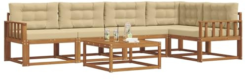 vidaXL Outdoor-Sofagarnitur mit Kissen 6 pcs Natur und Beige, Gartenmöbelset, modernes Patiosofa, Robustes modulares Lounge-Set, Outdoor-Sitzgelegenheit für Garten, Poolbereich, Akazienholz