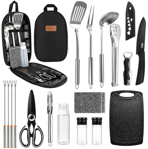 BELICOO Camping Utensils Set 18 Pcs, Camping Essentials with Storage Bag | Lightweight & Durable Camping Cooking Utensils Accessories for Travel, Picnics, BBQ, Party, Outdoor Hiking