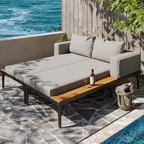 Merax Gartenliege Rattan Lounge Set 2 Personen, Sonneninsel teilbar, Daybed Outdoor mit Rückenlehne, Balkonmöbel Terrassenmöbel wetterfest mit Ablage,abnehmbare Polsterung&Sitzkissen