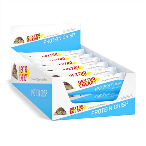 Dextro Energy, Protein Crisp Caramel Cookie, 24x50g (24er Pack), Ausdauer Protein Bar mit 3:2 Verhältnis, mit Kohlenhydraten und Protein, Eiweißriegel für Workout und Regeneration, Glutenfrei