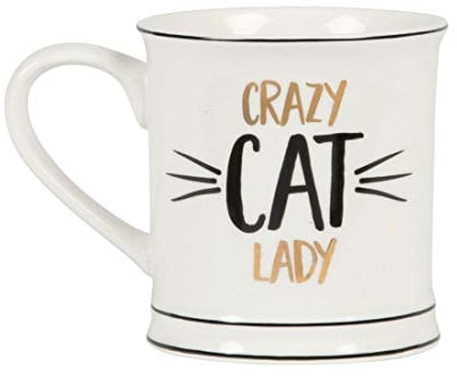 Sass & Belle Metallic Monochrome Crazy Cat Lady Tasse, Weiß, Metallic, 9,5 x 12,5 cm, Strapazierfähiges Porzellan, 300 ml, Tier-Design, Erwachsene, Geschenk, Wiederverwendbar