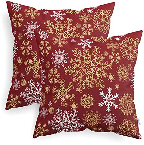 CaliTime Kissenbezüge Kissenhülle Packung mit 2 kuscheligen Fleece-Dekokissenbezügen Bezüge für Schlafsofa Weihnachten Schneeflocken Beidseitig 45cm x 45cm Weihnachten Rot