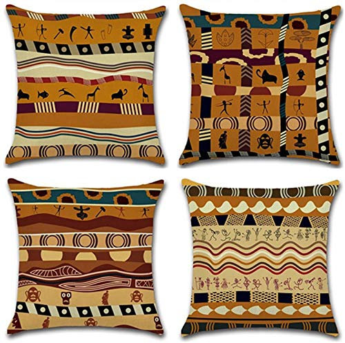 Raily 4 Stück Dekorative Kissenbezug Afrikanisch Stil Kissen-Hülle Leinen-Baumwoll Sofakissen Dekokissen Kopfkissen Kissen Bezug Braun 45x45cm