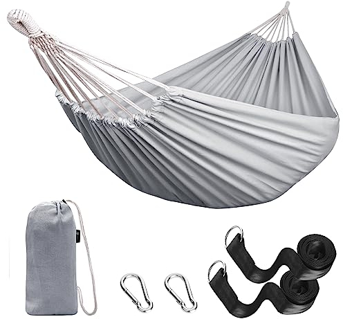 ANYOO Hängematte Outdoor Baumwolle Bequemer Stoff mit Baumfreundlichen Gurten zum Aufhängen, Robuste Tragbare Hängematte mit Reisetasche für Garten, Indoor, Balkon, Terrasse, Camping