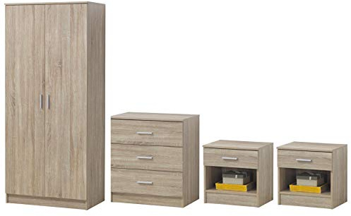 Timber Art Design UK 4 Piece Bedroom Furniture Set -2 Door Wardrobe, 3 Drawer Chest & 2x Single Drawer Bedside Tables with Sonoma Oak Finish