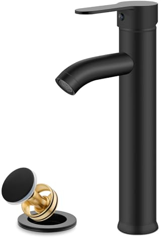 Bathroom Vessel Bowl Sink Faucet Matte Black Single Handle Lavatory Vanity Mixer Bar Tap with Pop Up Drain Tall Spout Single Hole Deck Mount