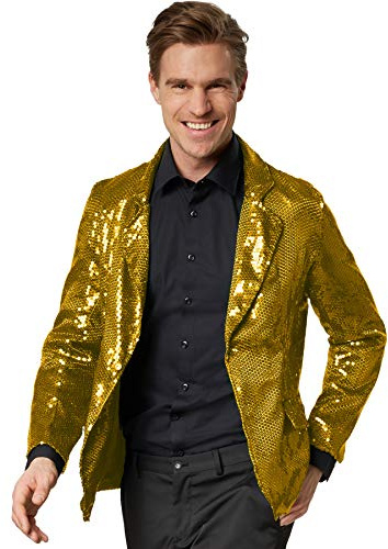 dressforfun Glitzer Pailletten Blazer, Sakko, Kostüm Herren, Faschingskostüme Männer, Karneval, Kostüme für Erwachsene, 80er Jahre Outfit, Discokugel, Gruppenkostüm Erwachsene, Gold, L