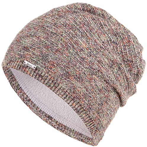 Faera Wintermütze Mütze Damen meliert warm gefüttert Fleece-Futter Winter Herbst Mütze Strickmütze Beanie One-Size 56, Farbe:Grau