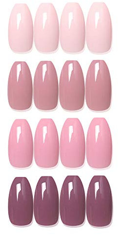 SIUSIO 96Pcs Colorful Coffin Nails Full Cover Press on UV Top Coat Covered Fall Color Maple Leaf Red Acrylic Fake Nail Autumn Medium Ballerina False Gel Nails Art Tips for Women and Girls (Pink)