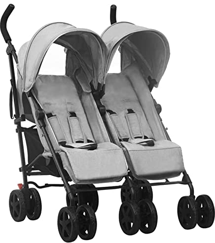 Susany Geschwisterwagen Zwillingswagen Kinderwagen, Doppelkinderwagen, Buggy klein Zusammenklappbar, Mit Verdeck Korb und Traggürtel, Hellgrau Stahl