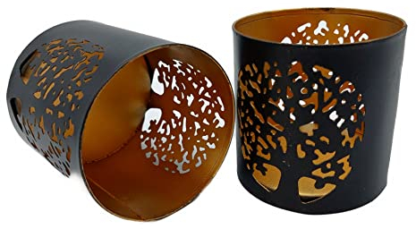 2 Handgefertigte Schatten Votiv Teelicht Kerzenhalter Metall Motiv Lebensbaum Yggdrasil Spiritualität Mythologie Dekoration Geschenk Hochzeit Diwali