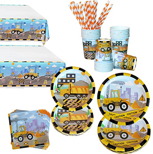 Ywediim Construction Birthday Party Supplies, Truck Party Decorations Kits Set -Included Tablecover, Plate, Cups, Straws, Napkins, Serves 20 Guests For Kids Birthday Party