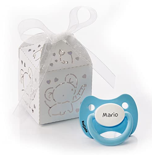Kuxulu - Chupetes Personalizados para Bebes con Nombre - Tetina de Silicona Libre de BPA con Caja para Regalo - Tetina 0/6 Meses Color Celeste