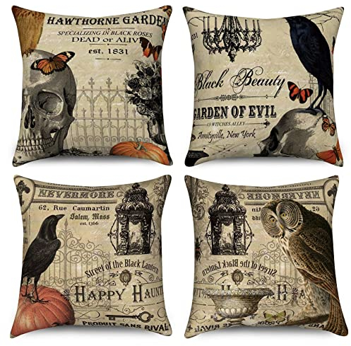 Hnmdmyi Halloween Kissenbezug 45x45 4er Set, Krähe Kürbis Schädel und Eule Vintage Halloween Bauernhaus Dekorative Kissenbezüge Leinen Kissenhülle für Sofa Couch Bett Garten Outdoor Home Decor