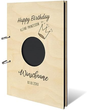 Personalisiertes Geburt Fotoalbum echtes Holz DIN A4 Erinnerungsbuch mit Lasergravur - kleine Prinzessin - mit 25 Blatt / 50 Seiten Fotokarton Schwarz