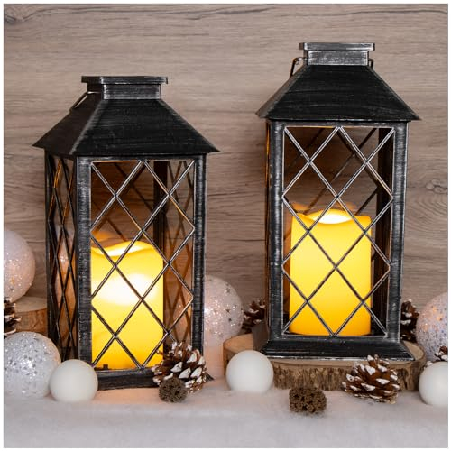 com-four® Linterna LED Solar 2X - Iluminación Exterior LED con batería - Linterna eléctrica para decoración navideña - Lámpara Solar - Vela Artificial en Estilo Retro (02 Piezas - Solar Negro)