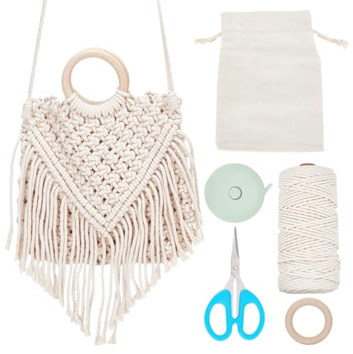 WEBEEDY DIY Makramee-Taschen-Set, Bohemian-Quasten-Handtasche, Enthält 3mm Natürliche Makramee-Kordel Handtaschengriff Aus Holz Aufbewahrungstasche Urlaubsdekoration Am Strand Mit Videoanleitung