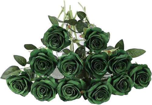Laelfe 12 Pcs Emerald Green Artificial Roses, 21in Realistic Single Long Stem Silk Green Flowers Fake Rose Bridal Bouquet for Wedding Home Party Arrangment Hotel Garden Decoration (Dark Green)
