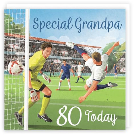 Hunts England - Geburtstagskarte zum 80. Opa Fußball – Milo's Gallery – Geburtstagskarte zum 80. Geburtstag für Opa – Geburtstagskarte für 80 Jahre alten Footie-Fan – Alter 80 Jahre