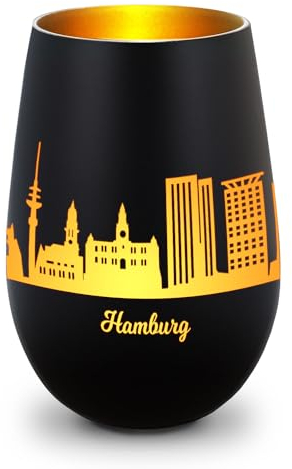 GRAVURZEILE Deko Windlicht aus Glas mit Gravur - Skyline Hamburg - Hochwertige 360° Lasergravur - Dekoratives Geschenk als Andenken, Souvenir oder für Sammler zum Geburtstag - Farbe: Schwarz/Gold
