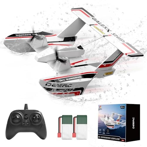 DEERC RC Flugzeug für Wasser Land & Luft, Amphibisches DREI-Phibien-Flugzeug, 3CH Ferngesteuertes Flugzeug mit 2 Batterien, 2.4GHz RTF Segler für Junge Mädchen