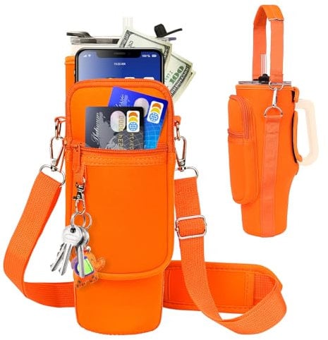 Water Bottle Carrier Bag with Phone Pocket Compatible for Stanley,Meoky 40 oz Tumbler with Handle,Neoprene Water Bottle Holder Pouch with Adjustable Strap Compatible for Stanley Cup Accessories
