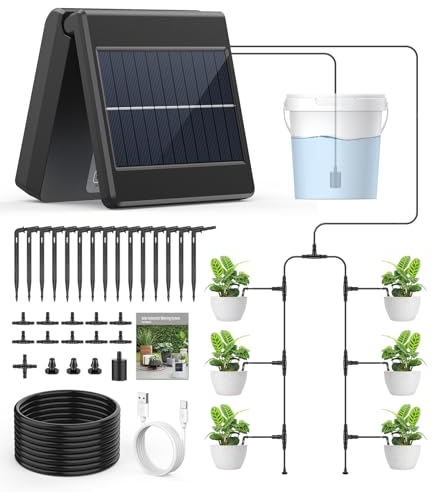 Gedfong Sistema de Riego Solar, Riego Automatico Solar para Jardín, Riego Solar por Goteo con LCD Programas de Riego Manguera de 10m para Plantas de Balcón, Plantas en Macetas al Aire Libre