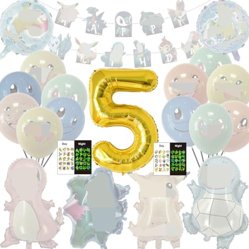 Cartoon themed Geburtstag Deko, Geburtstagsdeko kinder 5 Jahr, 22 Stück Kinder Geburtstag Party Set, Enthält Banner, Temporäre Kinder Tattoo Aufkleber, Zahlenballon, Folienballons, Latexballons