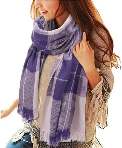 Tuopuda Damen Schal Kariert Pashmina XXL Stolen übergroßer Herbstschal Winterschal Karo Tartan Schultertuch Plaid Deckenschal Modeschal Weicher Warmer Oversized Fransen, Violett + Blau, Einheitsgröße