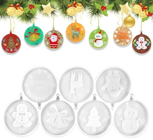 PHOGARY Silikonformen Gießformen Weihnachten, Runde Epoxidharz Formen für Weihnachts Baum deko Elch Glocke Schneeflocke Schneemann Weihnachtsmann DIY Hängeornamente