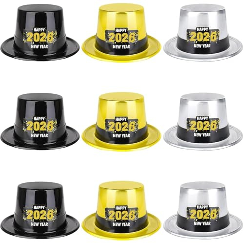 WNFWYE 2026 Partyhut Neujahr Silvester,9 Stück Partyhüte,Gold Schwarz Silber Hüte mit Schrift Frohes Neues Jahr, Happy New Year