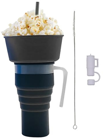 Snack Drink Cup - 600ml Silicone Snack Cup, Foldable Stadium Tumbler | Large Capacity Drink Snack Cup Combo, Cup Bowl Combo Stadium Tumbler, Snack Cups with Straw & Straw Brush for Chips Pretzels
